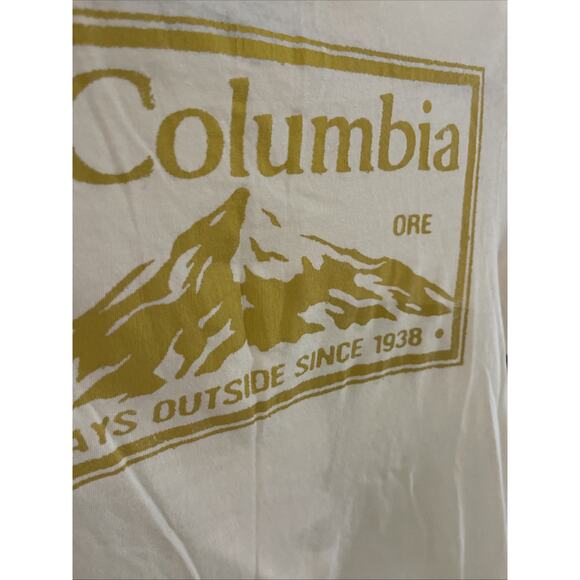 Columbia Men's T-shirt Sz Small Oatmeal W Yellow Print Logo Short Sleeves Cotton - Picture 4 of 4